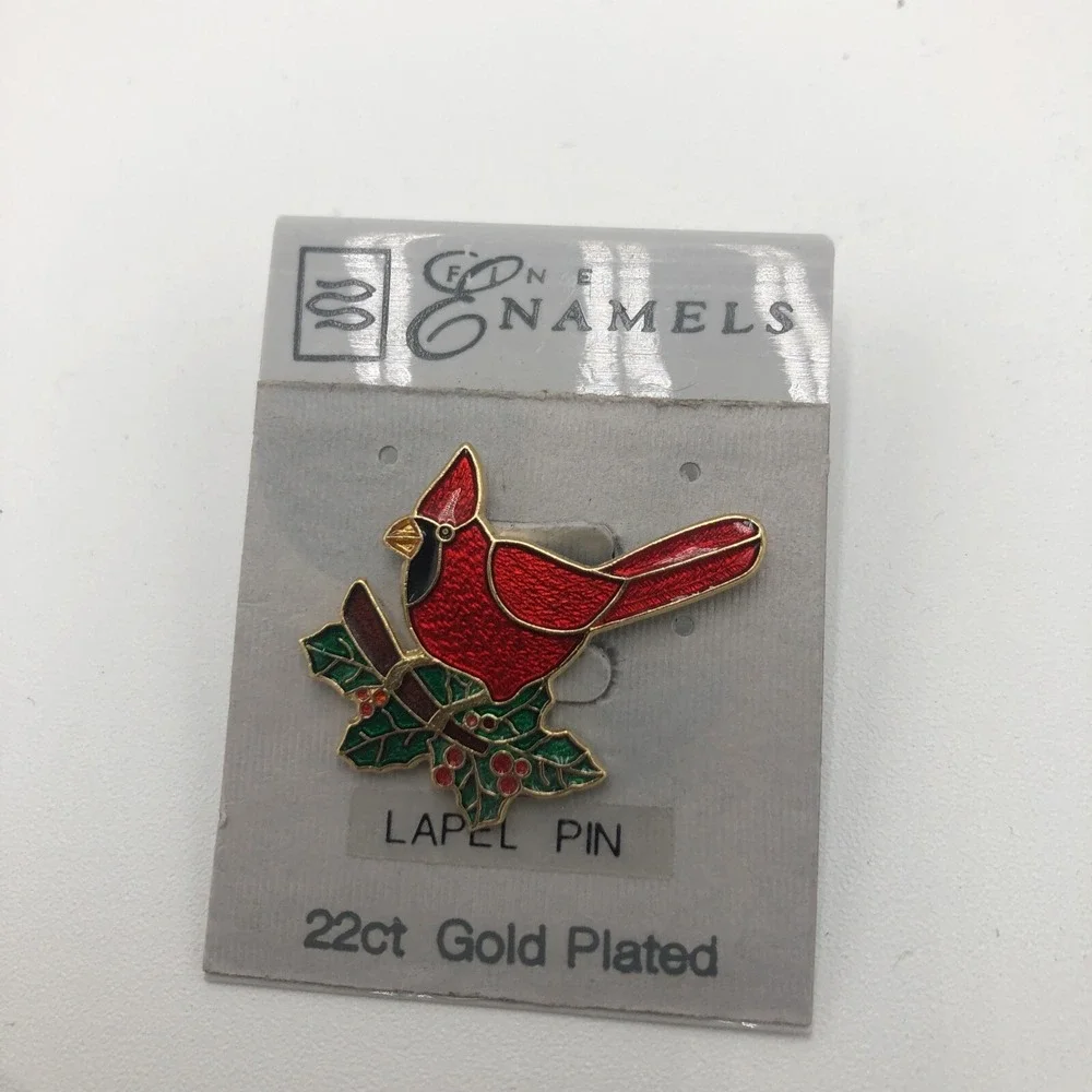 Cardinal Lapel Pin 22k Gold Plated New Enamels Red Bird Green Leaves‎